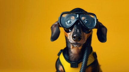 Cute black and tan dachshund sits wearing scuba diving costume and mask and gear on a yellow background