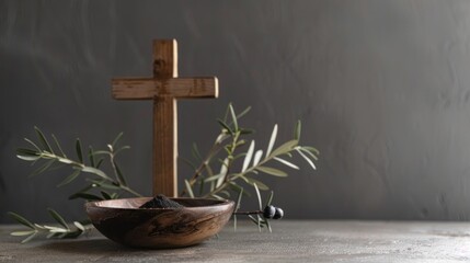 Symbolism and Significance of Ash Wednesday with Wooden Cross and Olive Branch