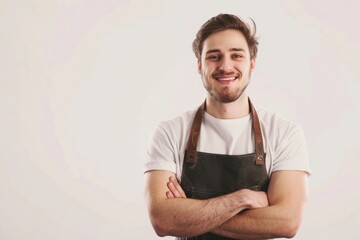 smiling  happy  confident staff  employee  shop keeper with apron  studio isolated
