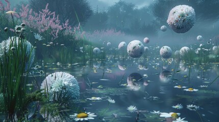 Surreal garden with spherical daisies floating above a flooded meadow. - obrazy, fototapety, plakaty