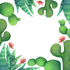 Naklejka premium Green Mexican cacti frame. Watercolor cute desert plants around perimeter of illustration. square template for greeting cards and invitations with empty copy space for text