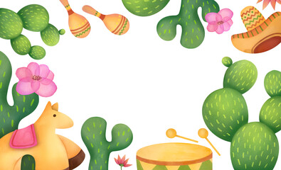 Cinco de mayo celebration frame with copy space. cute watercolor template for party invitation card. Mexican culture pattern with cacti, sombreros, drums, maracas, horse, flowers
