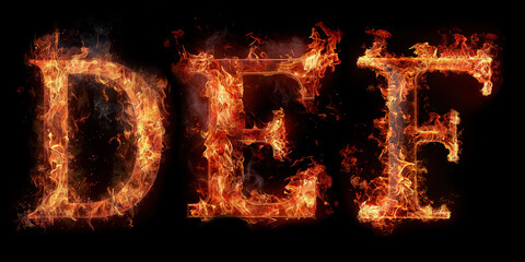 Fire letters DEF font alphabet made of burning letters on black background