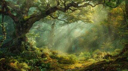 Enchanting Magical Forest. Mysterious Misty Atmosphere