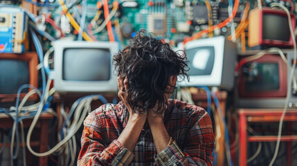 Person amidst chaos of wires and old monitors, showing frustration or confusion, technology cluttered background, vintage vibe, possible repair scenario.