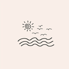 Sea water, waves, seagulls, sun, vector card boho design. Linear sketch in minimal style marine landscape. Template for logo, card, sign, print, label, paper. Traveling, recreation, activities