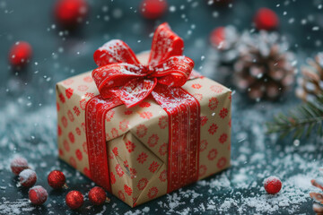 A Christmas gift wrapped in festive paper with a red bow, surrounded by snowflakes, pinecones, and red berries. - Powered by Adobe