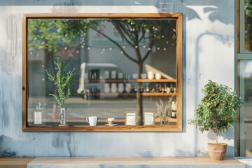 Coffee shop window mockup windowsill indoors plant.