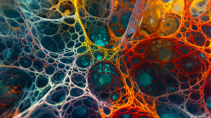 Abstract Neural Network Inspired Artwork. Vibrant 3D rendering of an abstract network, reminiscent of neural connections or biological textures, in warm and cool hues.