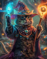 A cute cat wizard in a magical forest casts a spell with his staff - obrazy, fototapety, plakaty
