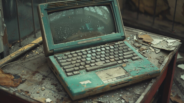 Old and dusty teal-colored laptop with a broken screen, abandoned on a dirty surface in a decrepit environment.