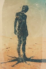 A dark figure stands in the middle of a desert. The figure is made of sand and is slowly being blown away by the wind. - obrazy, fototapety, plakaty