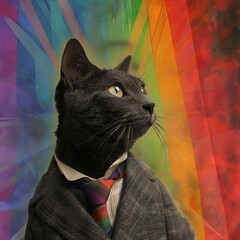 A dapper cat wearing a suit and tie stands in front of a rainbow background. - obrazy, fototapety, plakaty