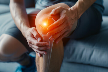 Person Experiencing Knee Pain and Discomfort. Close-up of a person's hands on a knee with a highlighted area representing pain, illustrating joint discomfort and medical issues.