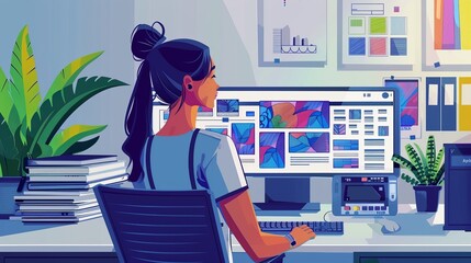 Grid System: A vector illustration of a designer using a grid system to align elements in a print layout - obrazy, fototapety, plakaty