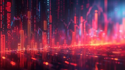 Fototapeta premium Binary code and skyscrapers in red