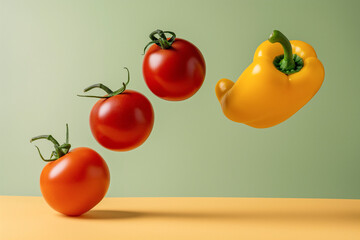 tasty and healthy fresh tomato, yellow pepper flying or hovering in the air, vegetables full of vitamins and antioxidants, still life artwork