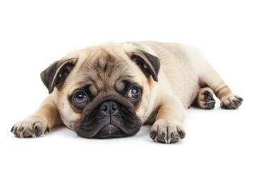 Cute pug puppy, isolated on white background, happy dog