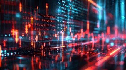 Binary code on a dark background with red and blue highlights.