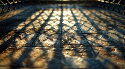 Grid Texture: A close-up photo of a wire mesh grid, with sunlight casting shadows - obrazy, fototapety, plakaty