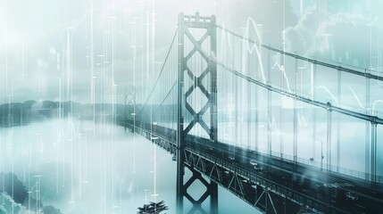 Obraz premium Illustration of a view of a suspension bridge with a double exposure effect, a diagram of a business financial report