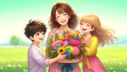 Animated Family Enjoying Springtime with Flowers
