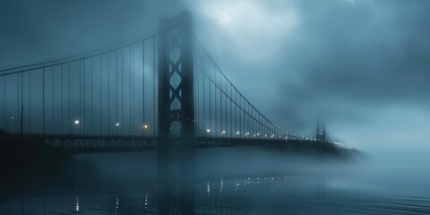 Suspension bridge in the foggy morning. 