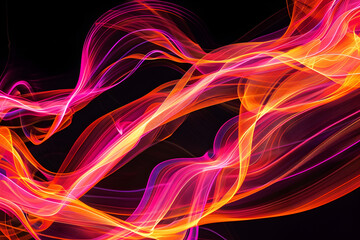 Enchanting neon abstract art with vibrant orange and pink swirling patterns. A mesmerizing masterpiece on black background.