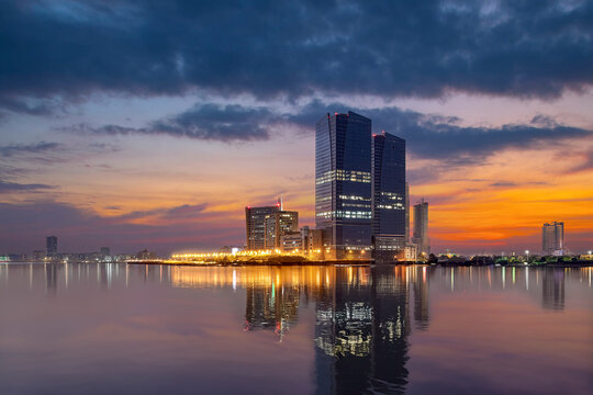 Cityscape, landmarks of Karachi, Bahria Tower, Dolmen mall Clifton, golden hour. sunset at Karachi, sea view