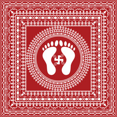 Aipan art traditional folk art, Maa laxmi footprint graphic with mandala pattern Design, Aipan art with lakshmi footprint,