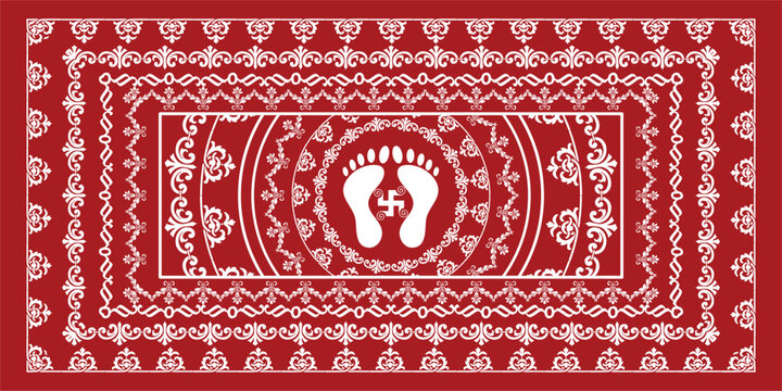 Aipan art traditional folk art, Maa laxmi footprint graphic with mandala pattern Design, Aipan art with lakshmi footprint,