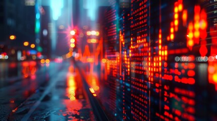 Naklejka premium City lights at night with rain on the window and red glowing stock market numbers in the foreground.