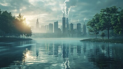 Cityscape with a river in the foreground and sunlight reflecting off the water.