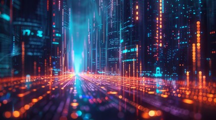 Fototapeta premium Cityscape of a digital world with glowing skyscrapers made of binary code