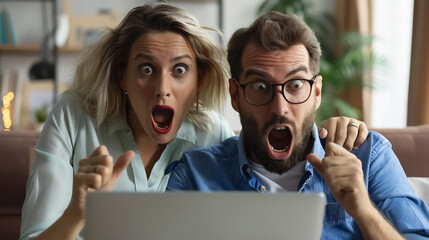 A stunned couple looking at a laptop screen, mouths open in shock as they view their credit card statement online.