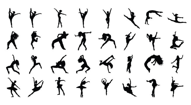 Set of 32 Dancer Poses Silhouette, modern dancer silhouette, Silhouettes of People, Set of Silhouettes of people, Female Dancer Silhouette, Ballet Dancer Silhouette