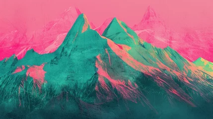 Fotobehang Abstract representation of a mountain range where each peak is bathed in a gradient of hot pink and bright green, defying conventional scenery © Butsarakham