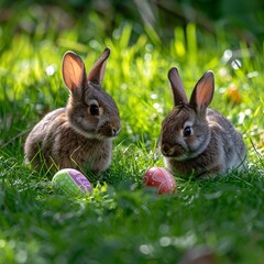 Fototapeta premium Enchanting Easter: Fluffy Bunnies and Colorful Eggs on a Green Lawn, Bathed in Natural Light