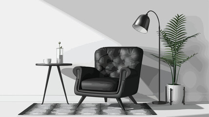 Black armchair with table lamp and rug on white background