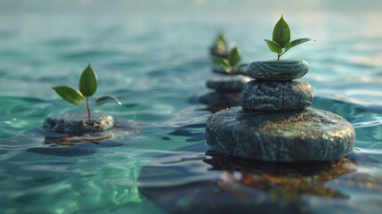 Pebbles stacked in water with green plants growing on them.