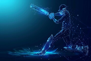 digital blue low poly cricket player with glowing data streams ai in sports analytics, player performance tracking systems, match prediction algorithms, training programs. wireframe player. 
