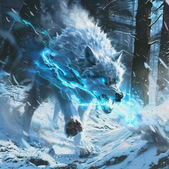 A fierce white wolf with glowing blue eyes and lightning surrounding it's body is running through a snowy forest. - obrazy, fototapety, plakaty