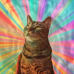 A digital painting of a cat looking up with a rainbow in the background. - obrazy, fototapety, plakaty