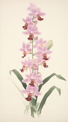 Wood block print illustration of orchid blossom flower plant.
