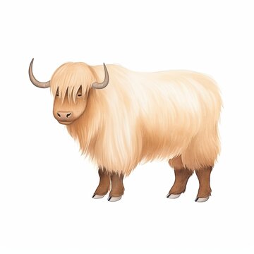 yak, shaggy yak cartoon drawing on isolated white background, water color style,