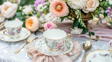 Delightful afternoon tea spread featuring a tiered cake stand brimming with cupcakes, scones, and sweet pastries, accompanied by a floral porcelain tea set