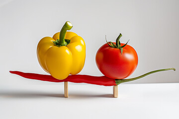 tasty and healthy fresh tomato, yellow and chili pepper balancing on each other, vegetables full of vitamins and antioxidants, still life artwork