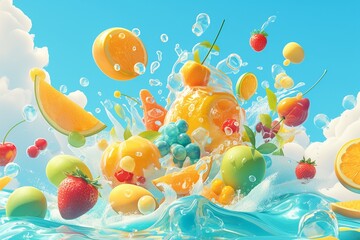 An explosion of fruit colors captured in a dynamic 3D floating composition, perfect for vibrant advertising needs  ,3DCG,high resulution,clean sharp focus