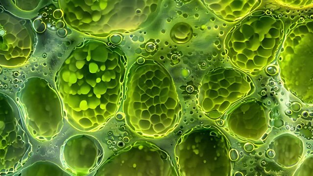 A microscope image of a single microalgae cell its intricate structure and vibrant green color reflecting the immense power it holds. Each tiny cell holds the potential to produce .