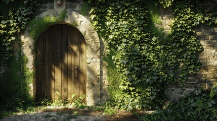 Magical secret garden hidden behind old ivy-covered wall with hidden door leading to a world of wonder.